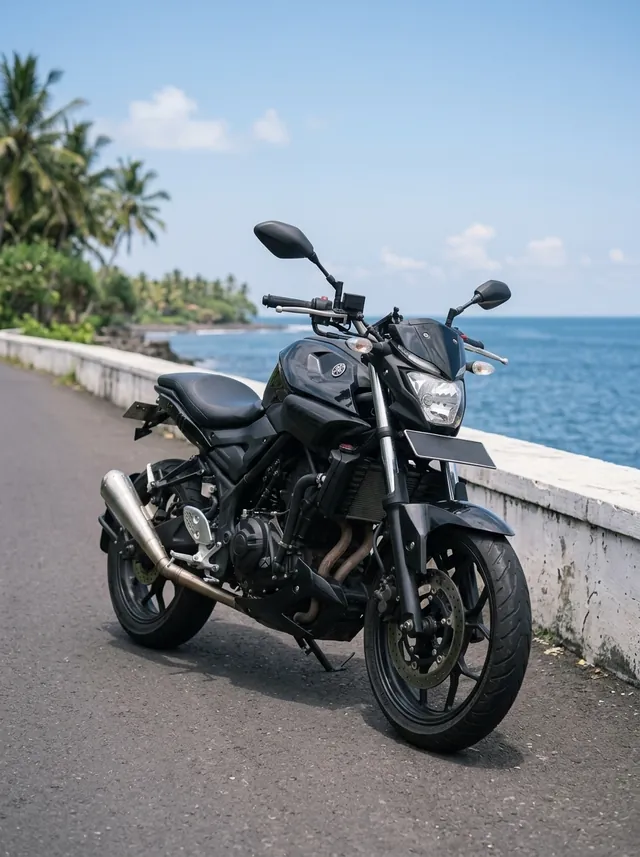 Front view of the black Yamaha MT-25 for rent in Bali, parked on a coast road