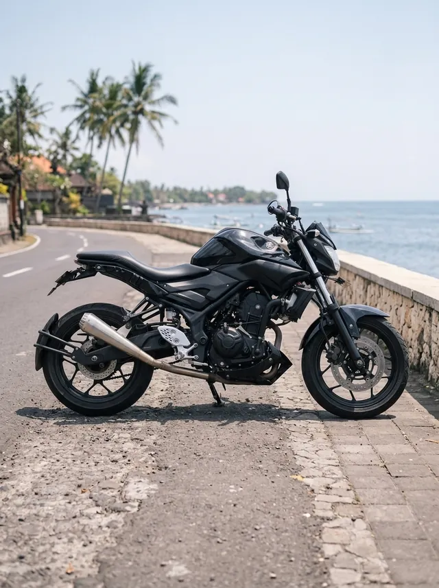 Yamaha MT-25 for rent in Bali, side view on a coast road with palm trees