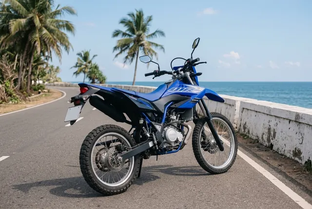 Rear three-quarter view of the blue Yamaha WR155 for rent in Bali, on a coast road with the sea behind